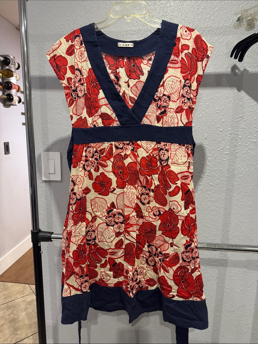 Forever 21 Red Floral V-Neck Dress with Navy Trim